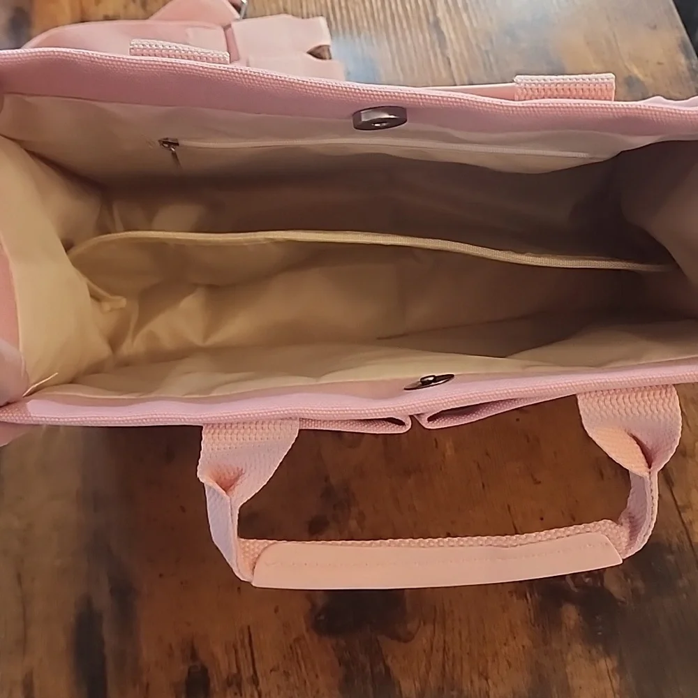 Pink Canvas Tote Bag Versatile Stripes Hobo Shoulder Bag, MultiCompartments